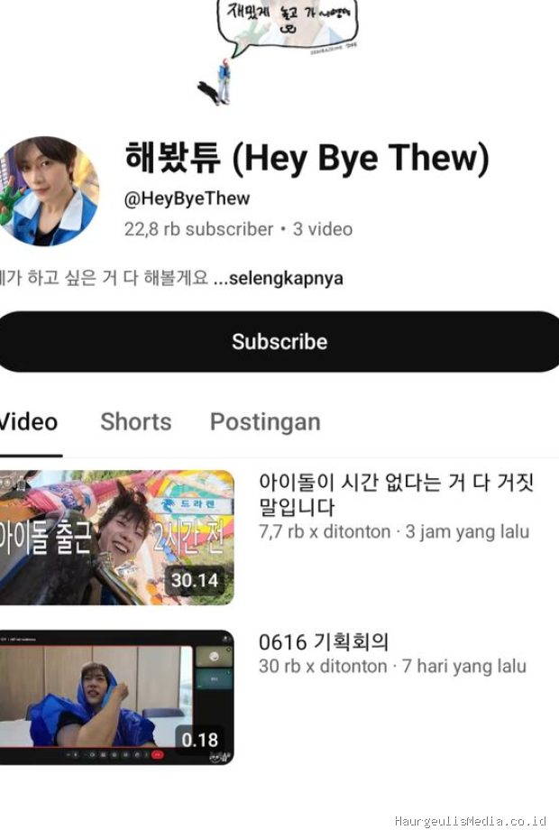 Potret kanal YouTube 'Hey Bye Thew' yang dikelola langsung Seok Matthew bersama staf produksi.